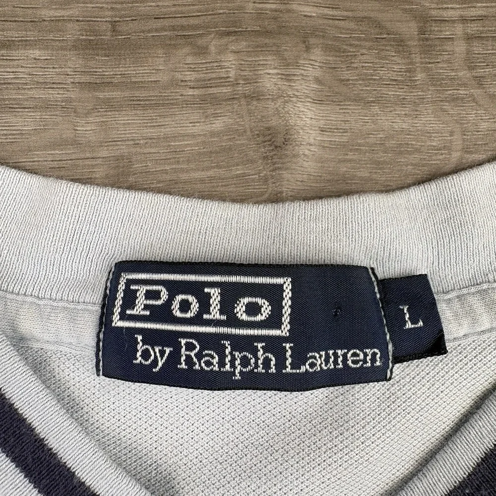 Polo Ralph Lauren Mens Size Large V-Neck Pique Ringer Shirt Light Blue Pony Y2K